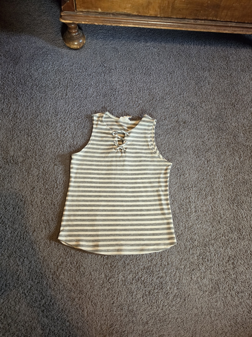 Full Tilt Striped Lace-Up Tank in Gray & Whit